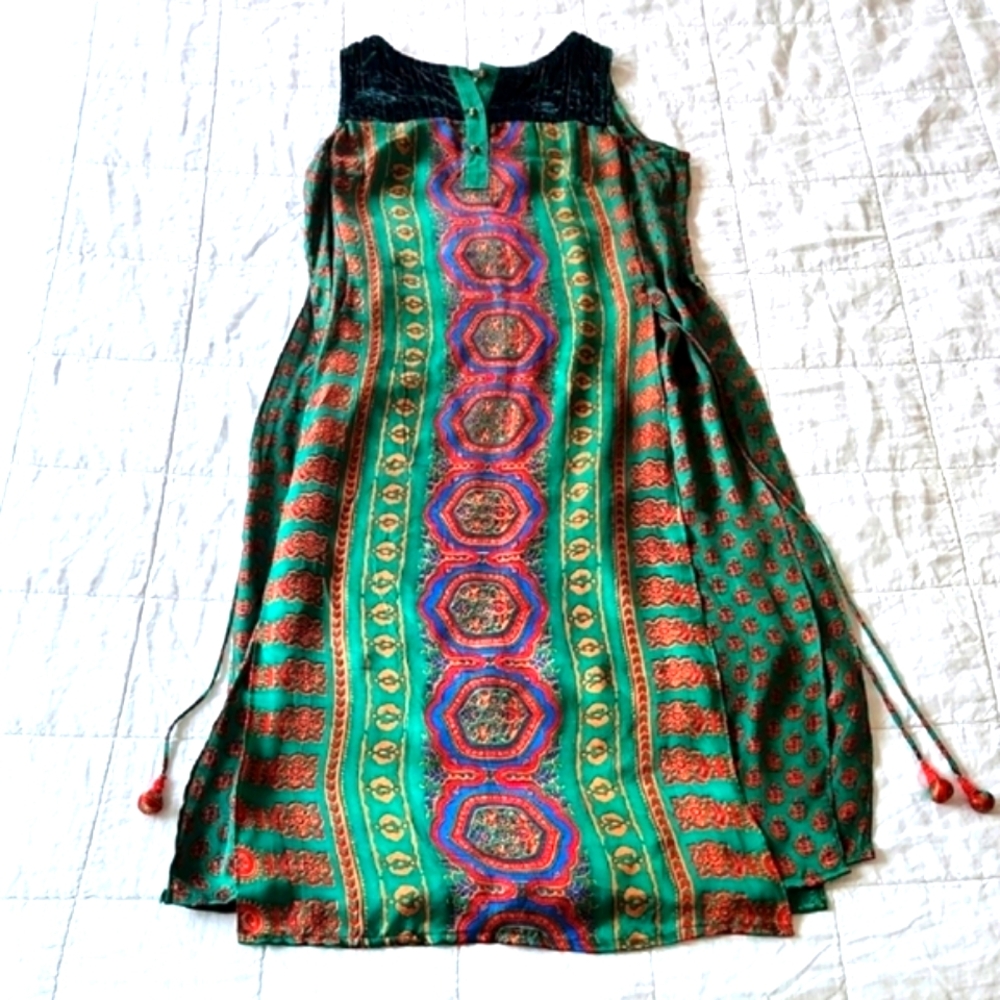 Ritu Kumar Silk Blend Green Brown Print Sleeveless Kurta Size Small